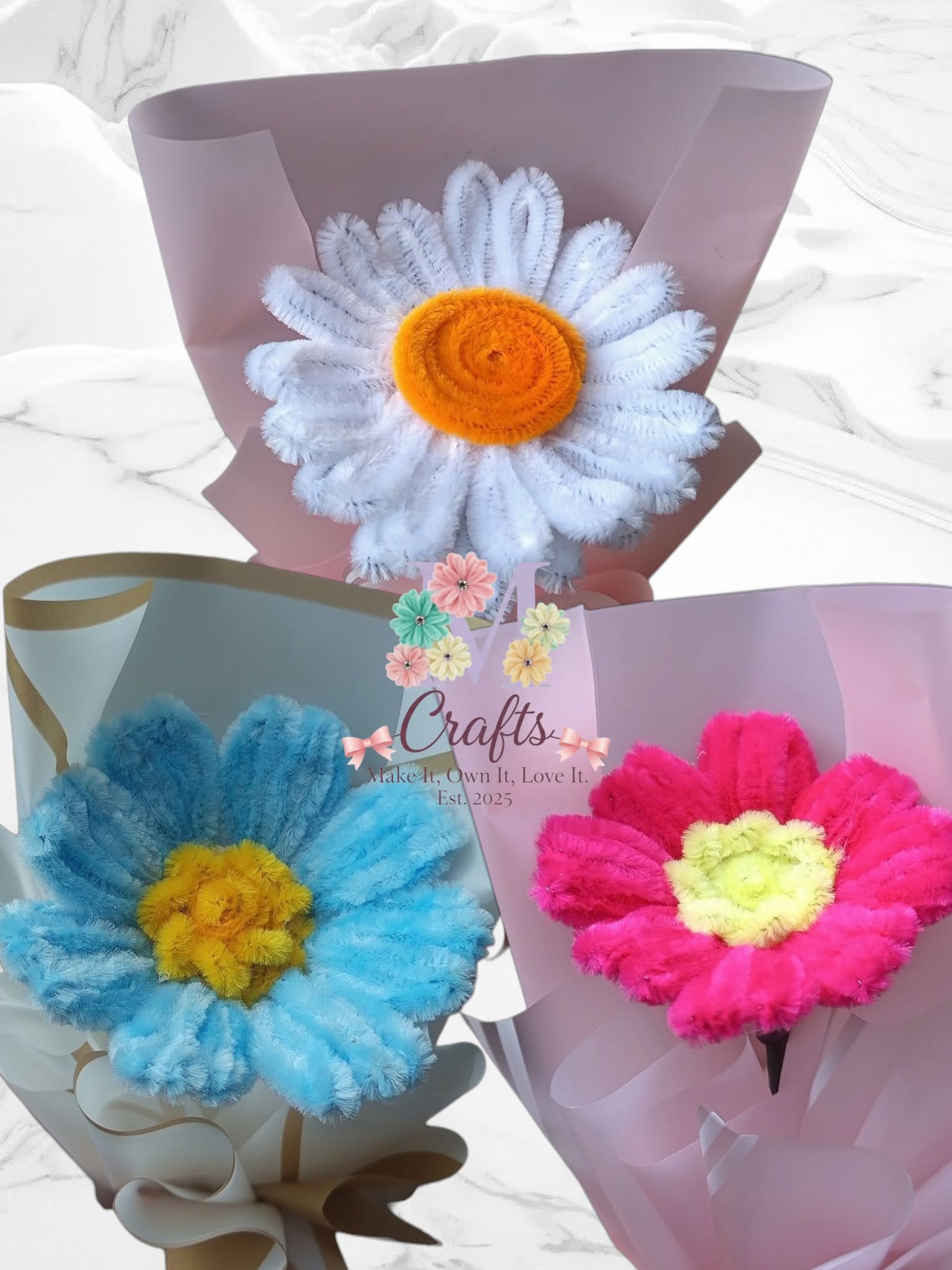 Three gerbera single stems in white, sky blue and rose pink