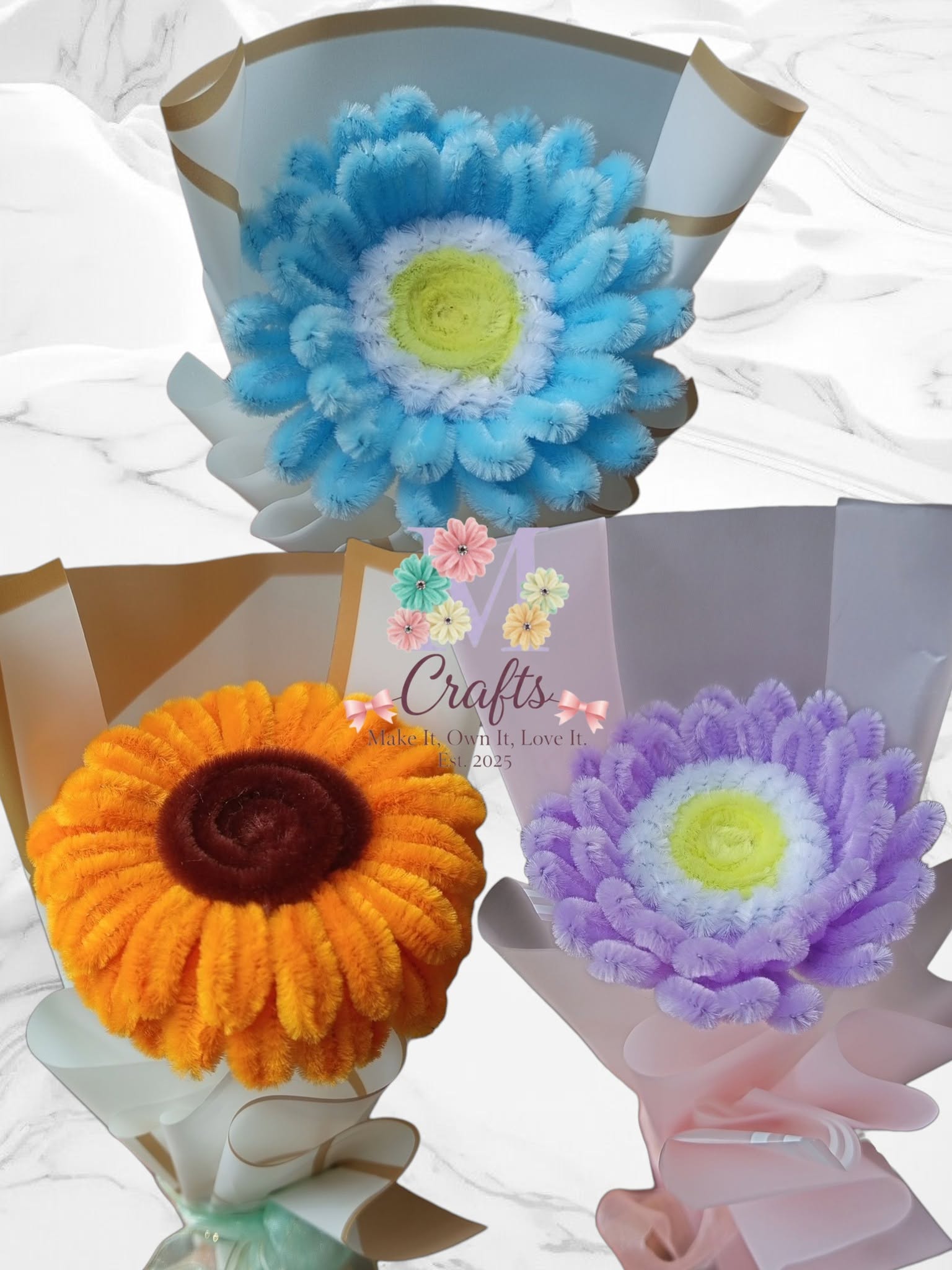 Blue gerbera, orange sunflower and lilac bloom single stems