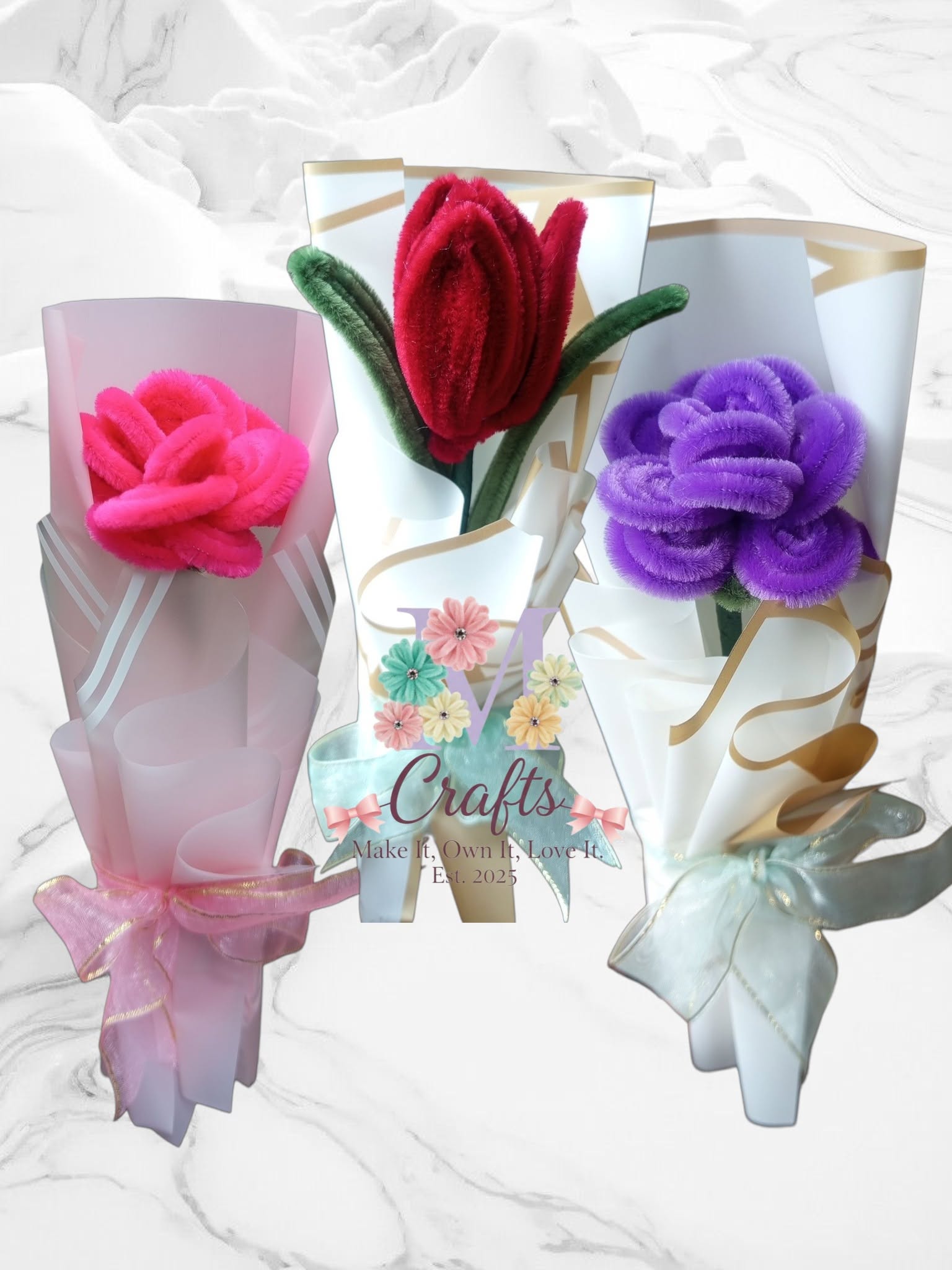 Fuchsia rose, red tulip and violet rose single stems in white and gold wrap