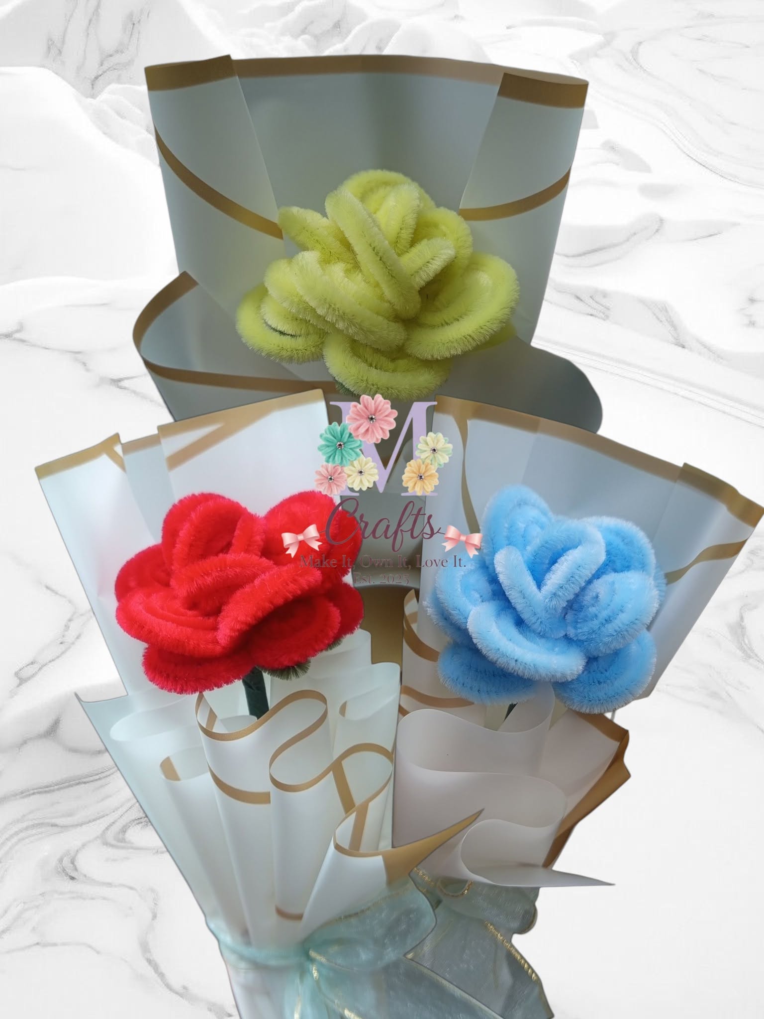 Chartreuse, red and baby blue fuzzy wire roses in gold-lined wrap
