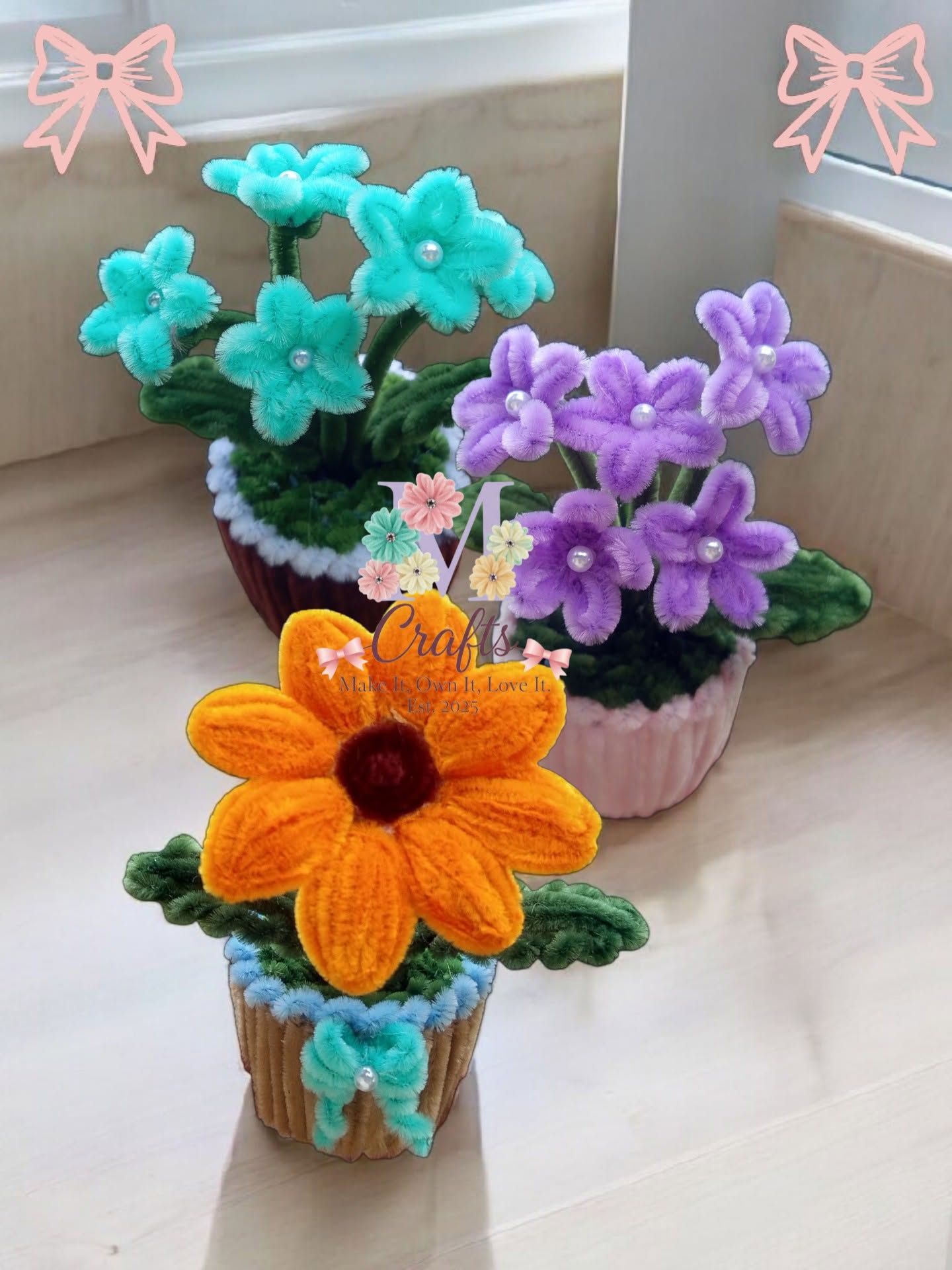 Cupcake posy pots — teal and violet blossoms and an orange sunflower